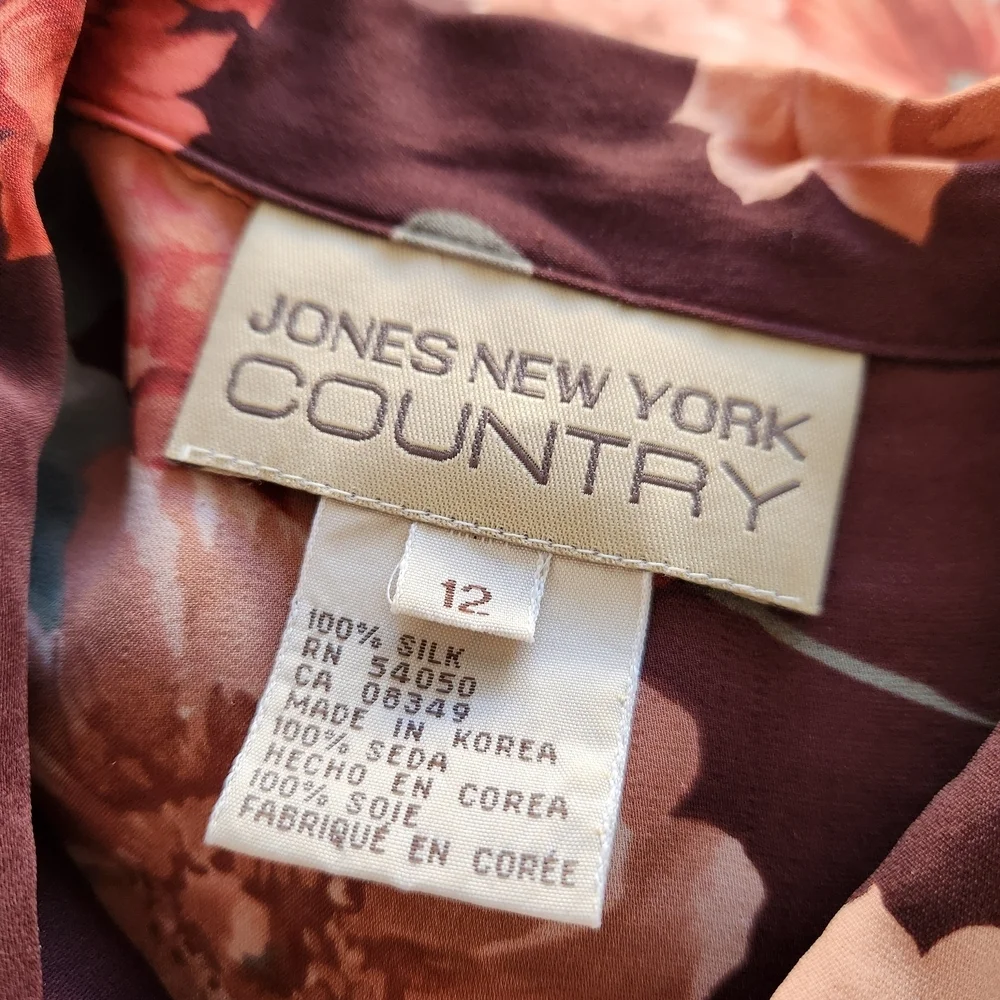 Jones New York Country Floral Button-Up Blouse • 100% Silk • Size 12